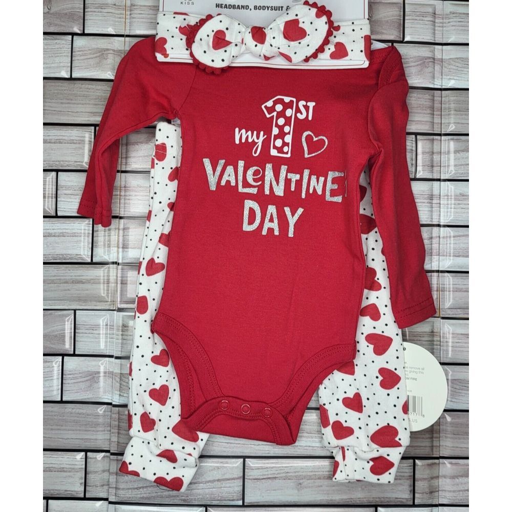 New Baby Kiss 3-6 Months 3 Piece Outfit My 1st Valentine's Red White Long Sleeve